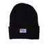 Black beanie with a small logo on a white background