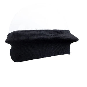 Black knit beanie on a white background