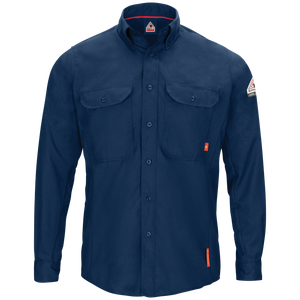Front view of Bulwark FR Work Shirt in navy color