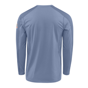 Back view of light blue Bulwark Men’s FR Flex Knit Henley