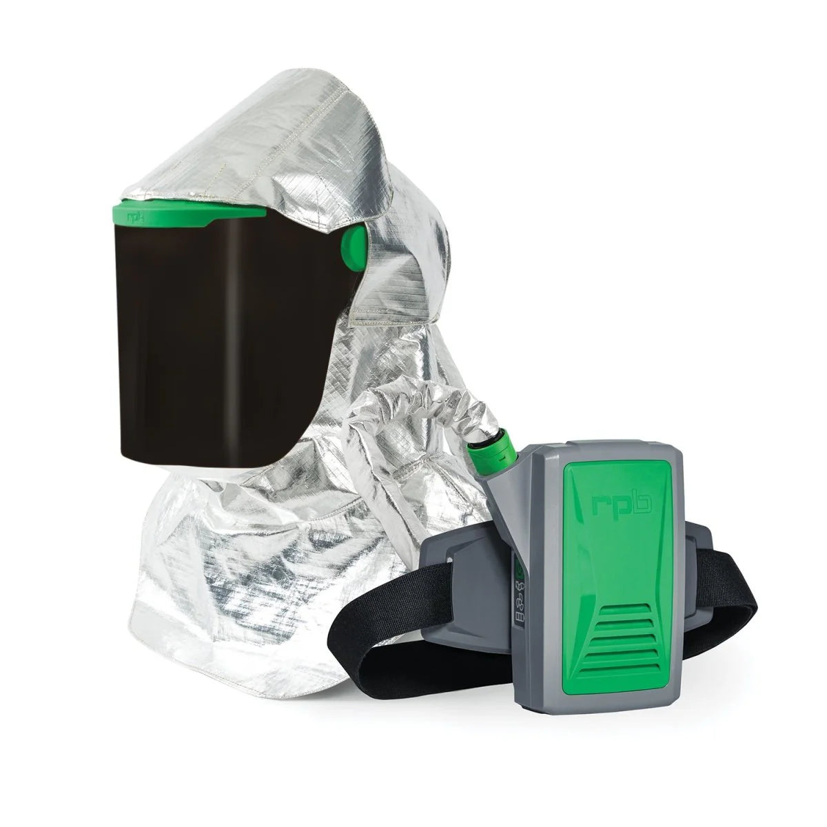 RPB Personal protective equipment with a hood and green and gray device on a white background
