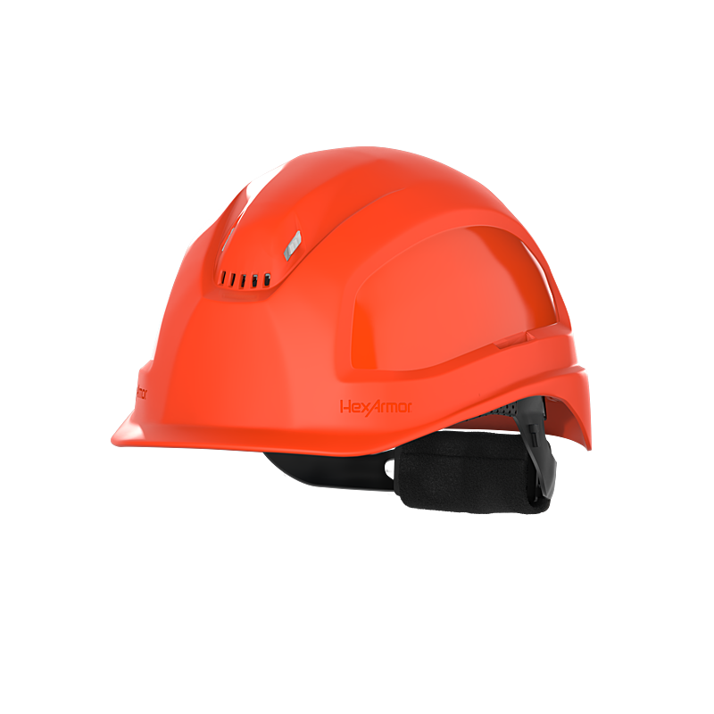 Hexarmor Class C safey helmet with vents in orangish red color