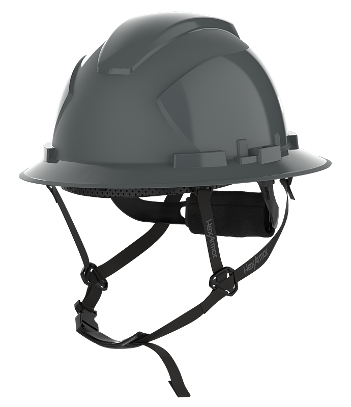 HexArmor Full Brim Safety Helmet show casing chin strap in black color