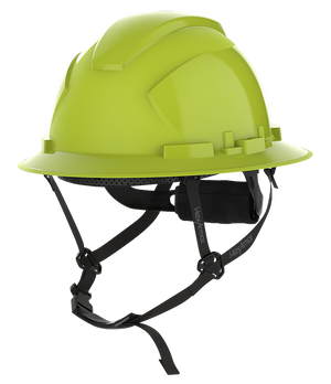 HexArmor Full Brim Safety Helmet show casing chin strap in neon color