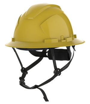 HexArmor Full Brim Safety Helmet show casing chin strap in pale yellow color