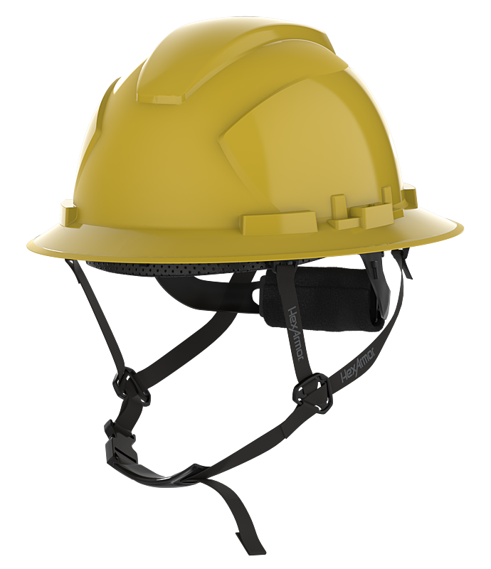 HexArmor Full Brim Safety Helmet show casing chin strap in pale yellow color