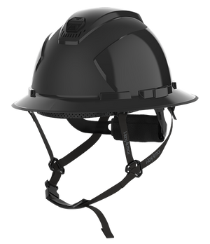 HexArmor black full brim safety helmet with chin strap visible