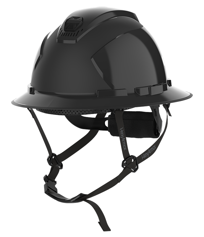 HexArmor black full brim safety helmet with chin strap visible