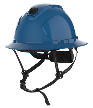 HexArmor blue full brim safety helmet with chin strap visible