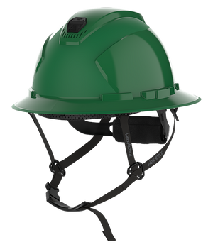 HexArmor green full brim safety helmet with chin strap visible