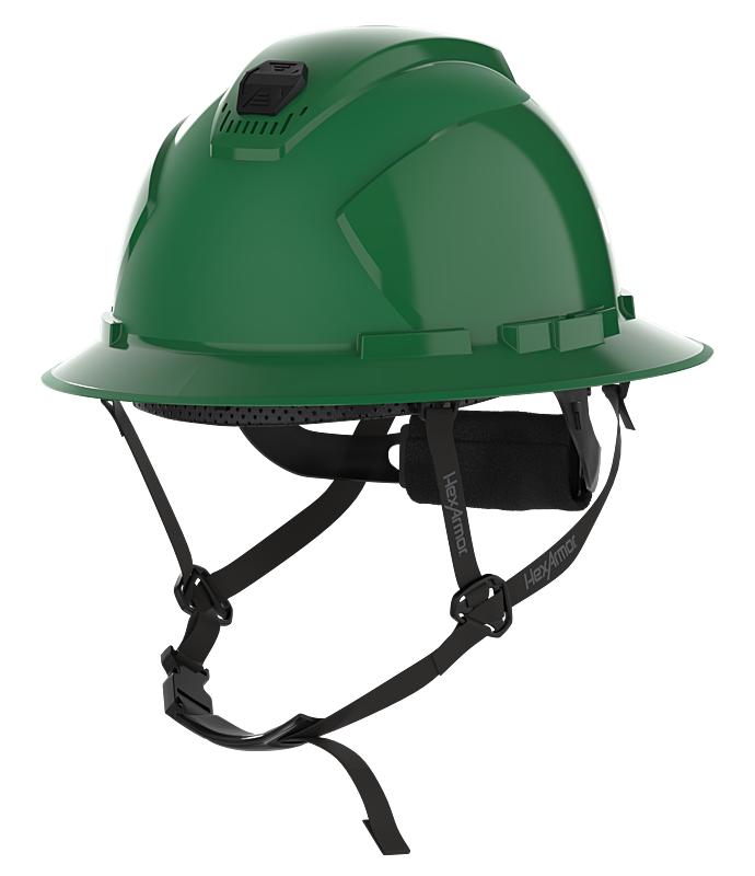 HexArmor green full brim safety helmet with chin strap visible