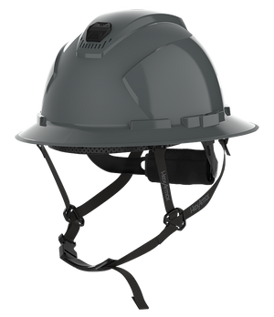 HexArmor dark grey full brim safety helmet with chin strap visible
