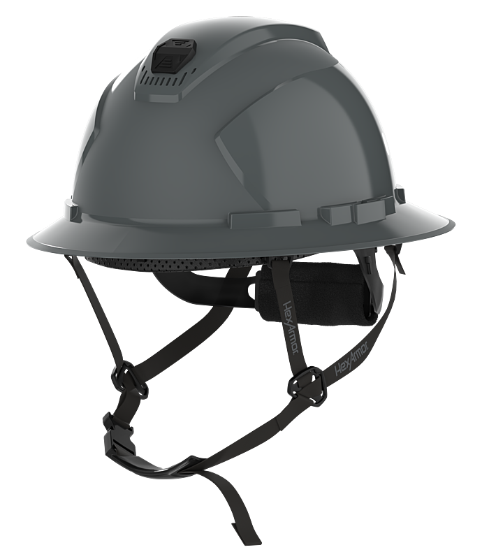 HexArmor dark grey full brim safety helmet with chin strap visible