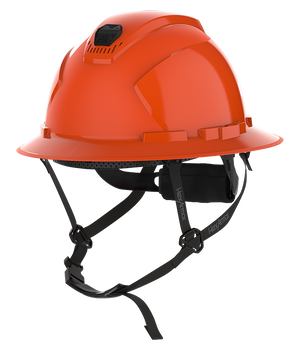 HexArmor orange full brim safety helmet with chin strap visible