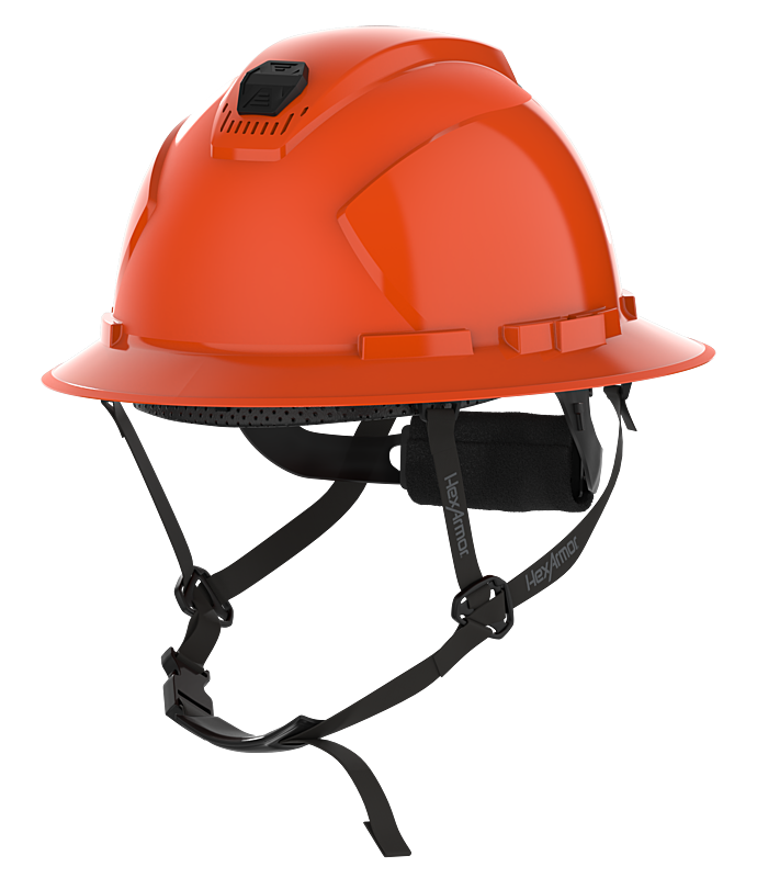 HexArmor orange full brim safety helmet with chin strap visible