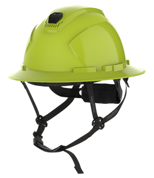 HexArmor yellowish green full brim safety helmet with chin strap visible