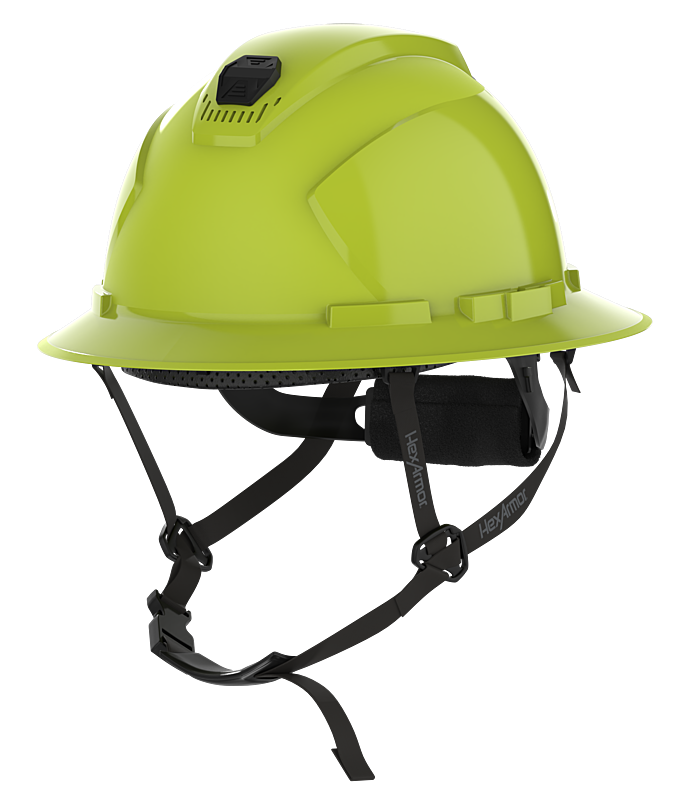 HexArmor yellowish green full brim safety helmet with chin strap visible
