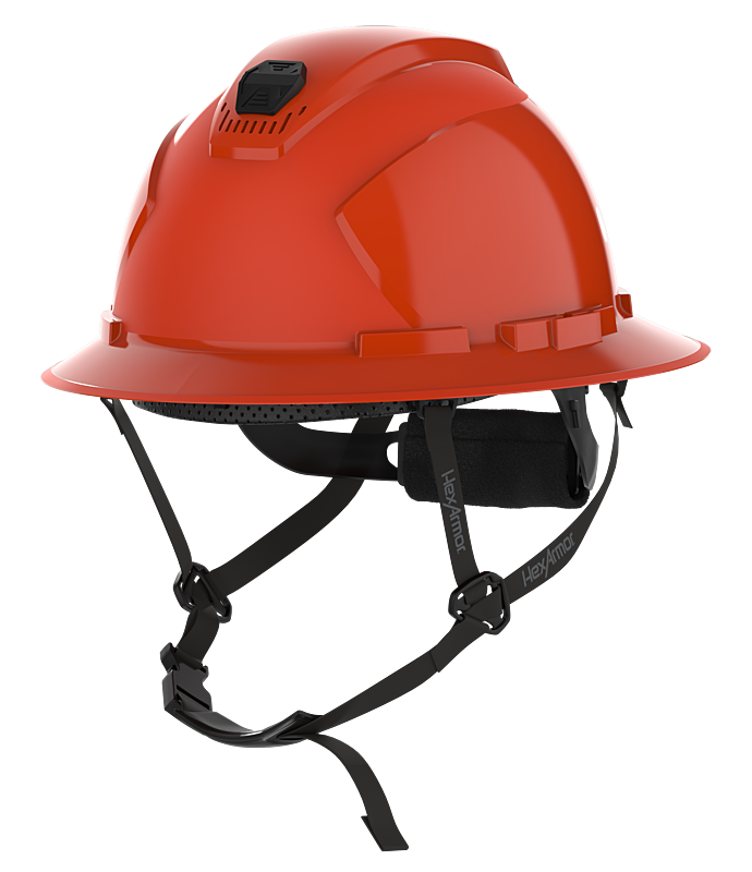 HexArmor orangish red full brim safety helmet with chin strap visible