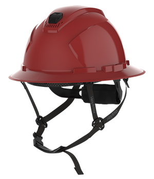 HexArmor maroon full brim safety helmet with chin strap visible