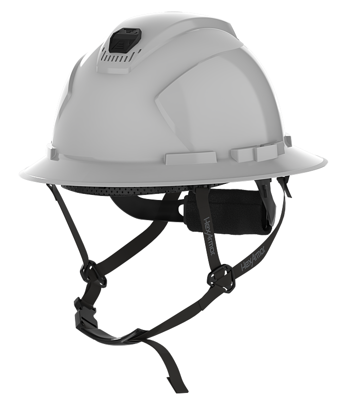 HexArmor light grey full brim safety helmet with chin strap visible