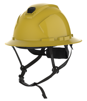 HexArmor pale yellow full brim safety helmet with chin strap visible