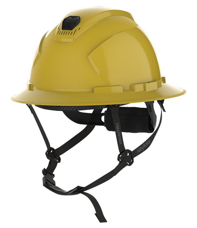 HexArmor pale yellow full brim safety helmet with chin strap visible