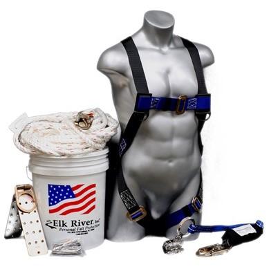 Fall Safety in a Bucket - 50 Roofers Kit - Safety Harness, Lanyard, Lifeline, 3 Grab, Anchor, and Bucket