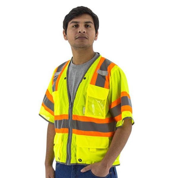 High Visibility Yellow Mesh Safety Vest  DOT Striping, D-Ring Pass, Zipper Close